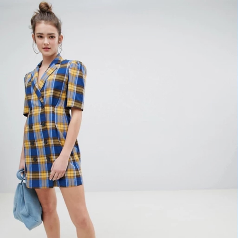 Bershka check blazer plaid short sleeve dress sz S